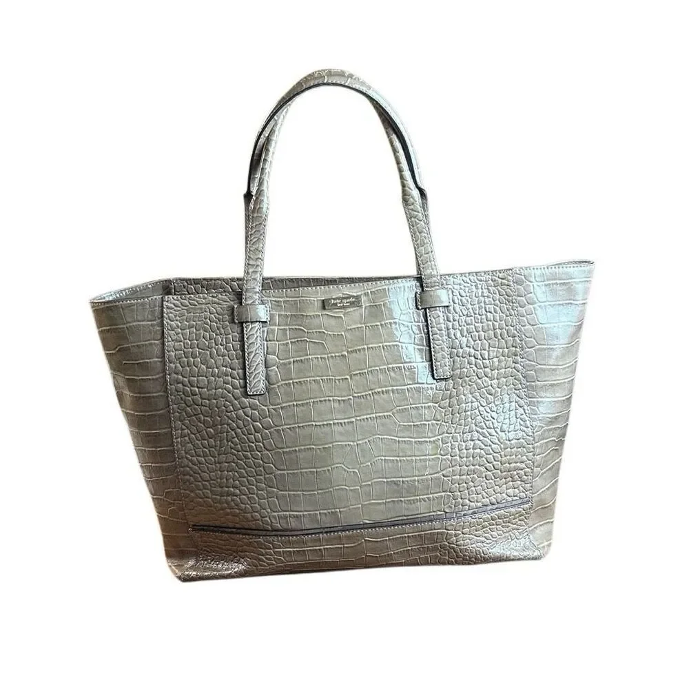 Kate Spade Large Croc Embossed Leather Tote Bag Beige Work Bag Preowned
